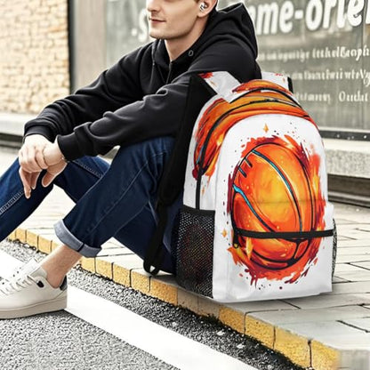 Large Backpack with 15.6 Inch Laptop Compartment, Basketball Flame Adult Backpack for Work, Travel & School College Boys Girls - color: Basketball Flame