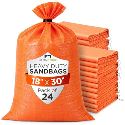 Heavy Duty Sand Bags Pack of 24, Bright Orange Empty Sandbags with Built-In Ties, Woven Polypropylene UV Protection 1600 Hours, Fillable Bags for Flood Control, Weight, 18x30 inches, 75 Pounds Volume - size: 18"W x 30"L, style: Pack of 24
