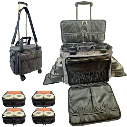 BaltFrist Rolling Makeup Bag with 4 Removable Bags，Trolley Cosmetic Bag with 5pcs 360°Rotating Wheels,Makeup Artist Travel Bag with Brushes Storage Section，Black Diamond Grid