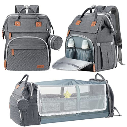 DERJUNSTAR Baby Diaper Bag Backpack with Changing Station Large Capacity Baby Bag for Boys & Girls, USB Charging Port, Pacifier Case, Sunshade & Toy Bar, Waterproof - color: Pale Grey