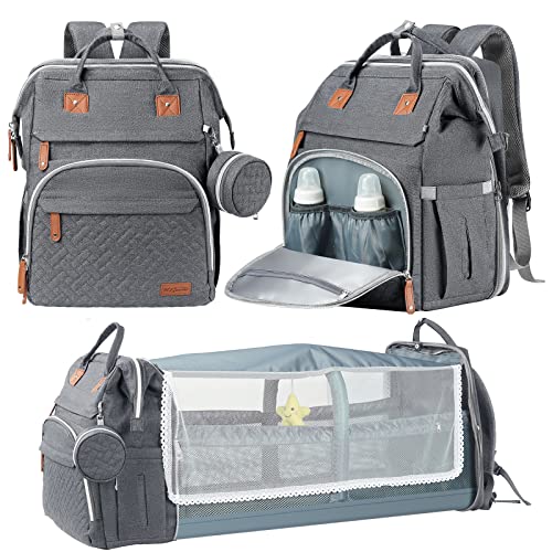 DERJUNSTAR Baby Diaper Bag Backpack with Changing Station Large Capacity Baby Bag for Boys & Girls, USB Charging Port, Pacifier Case, Sunshade & Toy Bar, Waterproof - color: Pale Grey