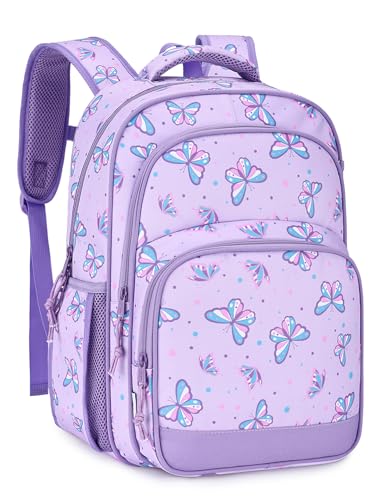VASCHY Kids Backpacks, 12L Toddler & 17.5L School Backpacks, Lightweight Water-Resistant for Boys and Girls Ages 3-12 - color: Purple Flutter-l, size: Large