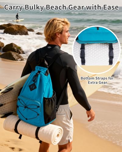 WANDF Drawstring Backpack with Removable Wet Pocket, Sandproof Beach Backpack with Bottom Compression Strap for Beach Mat, Swim Bag for Pool, Gym, Travel and Workout Gear (Teal) - color: Teal