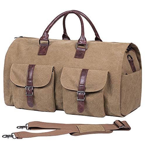 seyfocnia Convertible Travel Garment Bag,Carry on Garment Duffel Bag for Men Women - 2 in 1 Hanging Suitcase Suit Business Travel Bag - color: Brown-two pockets-Canvas