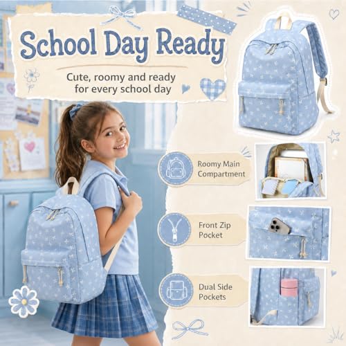 LEDAOU Backpack for Teen Girls Lightweight Kids Bookbag for Elementary Middle High School College Women Laptop Casual Daypack (Bow-Blue) - color: Bow-blue