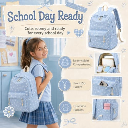 LEDAOU Backpack for Teen Girls Lightweight Kids Bookbag for Elementary Middle High School College Women Laptop Casual Daypack (Bow-Blue) - color: Bow-blue