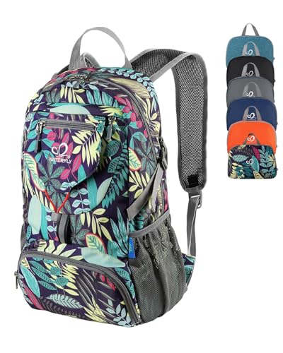 WATERFLY Small Lightweight Packable Backpack: 20l Ultra Light Foldable Travel Hiking Camping Daypack Day Pack for Man Woman - color: Blue Leaf