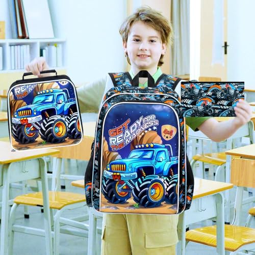 3Pcs Truck Backpack for Boys, 16" Bookbag with Lunch Box, Kids School Backpacks Set for Elementary Preschool Kindergarten (Balck) - color: Truck Blue