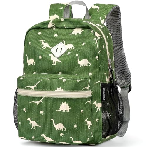 STEAMEDBUN Corduroy Kids Backpack for Boys Girls 3-8, Boys Backpack for Elementary Kindergarten - Dinosaur - color: Corduroy Green Dinosaur, size: Small-15"H(fits folder)