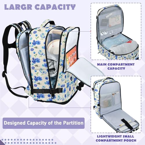 Travel Backpack with Shoe Compartment, 20L Large Capacity Laptop Backpack for Men Women, Blue Flowers Daypack for Traveling Hiking Carry On