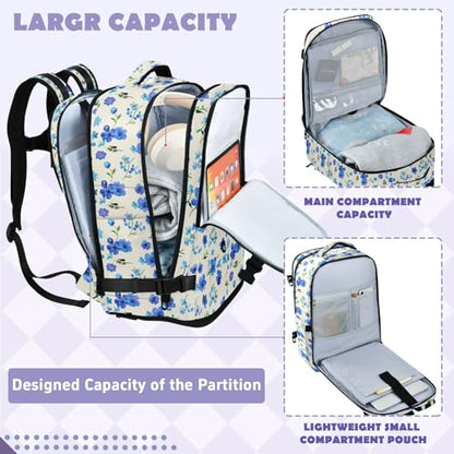 Travel Backpack with Shoe Compartment, 20L Large Capacity Laptop Backpack for Men Women, Blue Flowers Daypack for Traveling Hiking Carry On