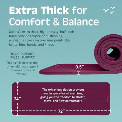 Retrospec Solana Yoga Mat Thick 1/2in Non-Slip Workout Mat with Nylon Strap - 72x24in Exercise Mat for Pilates, Stretching & Fitness - BPA Free, Easy Clean - color: Boysenberry