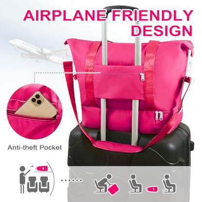 WOOMADA Weekender Bag for Women, Travel Duffel Bags with Shoe Compartment & Wet Pocket, Personal Item Bag for Airlines - color: Hot Pink