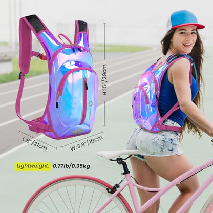 Nepest Hydration Pack Backpack for Women & Men, Lightweight Water Backpack with 2L Water Bladder for Hiking Cycling Running Biking - color: Holographic - Pink