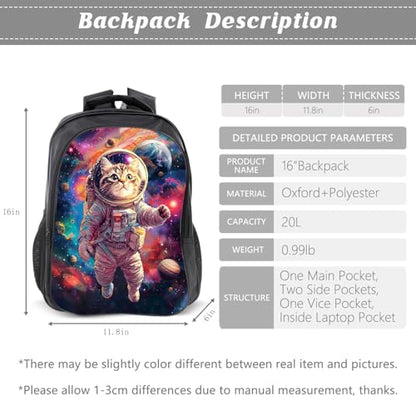 Space Cat Backpack Astronaut Kids Bookbag 16inch Schoolbag With Lunch Box Bag And Pencil Case Set For Boys Girls - color: Space Cat