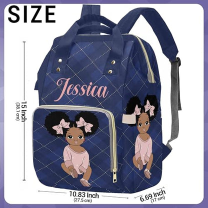 Newcos Personalized Blue Cloth Plaid Diaper Bag Backpack with Name Custom Afro Princess Mommy Nursing Baby Bags for Women,Customized Large Nappy Bags - color: 230112-14