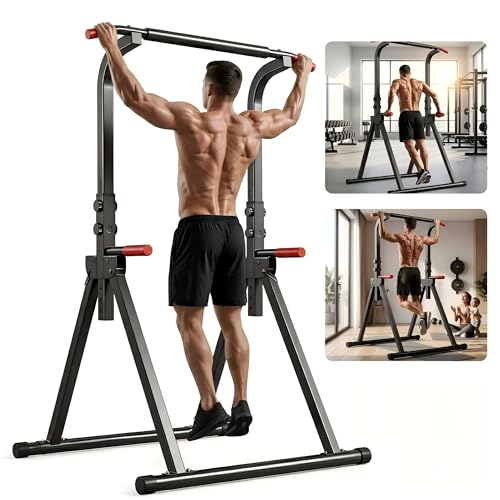 KINMAC Foldable Power Tower Pull Up Bar Station for Home Gym, 6-Level Adjustable Height Dip Station, Heavy-Duty Industrial Steel Workout Equipment, Space-Saving Free-Standing Strength Training Station for Apartment, 440LBS Capacity
