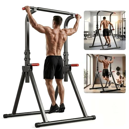 KINMAC Foldable Power Tower Pull Up Bar Station for Home Gym, 6-Level Adjustable Height Dip Station, Heavy-Duty Industrial Steel Workout Equipment, Space-Saving Free-Standing Strength Training Station for Apartment, 440LBS Capacity