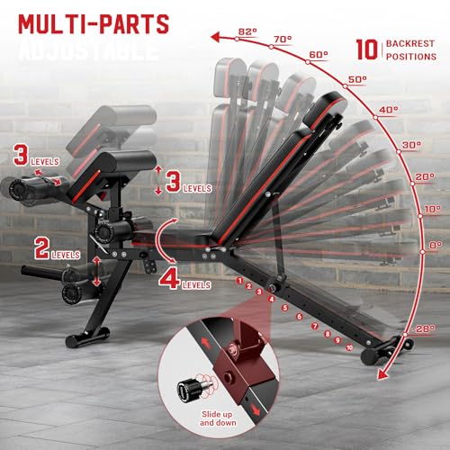 XDDIAS Workout Bench, Adjustable Weight Bench with Leg Extension and Leg Curl, Extended Headrest, 900LBS Preacher Curl Bench Incline Decline Flat Workout Bench for Home Gym Full Body Exercise - color: Glossy+70LBS Plates