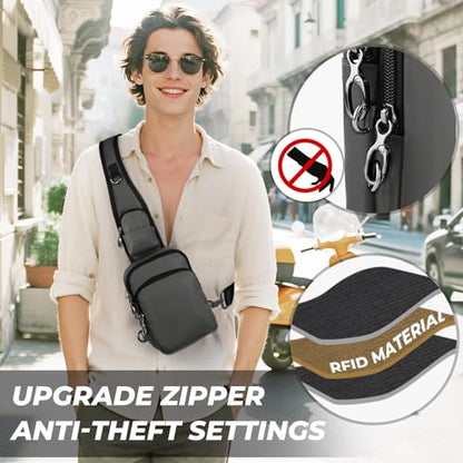 Anti-Theft Crossbody Sling Bag, RFID Blocking, Zipper Lock, Small - color: Grey