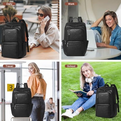 Shrrie Leather Laptop Backpack for Women, 17 inch Large Travel Laptop Backpack Purse for Casual Daypack College Work Bag - color: Black