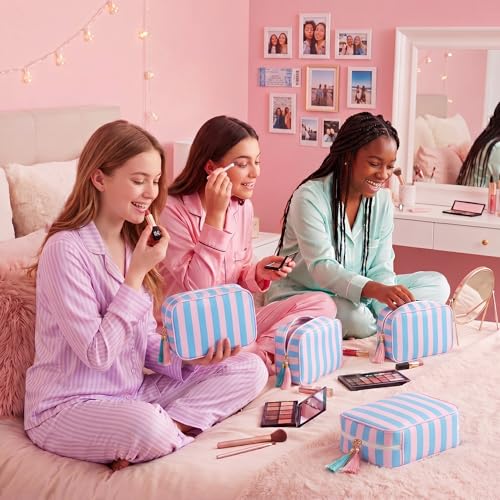 Kacctyen 6 Pack Peony Pink and Slate Blue Striped Makeup Bag bulk with Tassel Travel Cosmetic Pouch Organizer Large Zipper Toiletry Case for Women Aesthetic Storage Pouch Mahjong Tile Bag - color: Peony Pink and Slate Blue