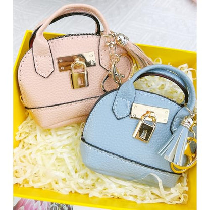 2 PCS Cute Mini Tote Bag Keychain for Women PU Leather Mini Backpack Purse Keychain Little Cosmetic Bag Key Lipstick Card Data Cable Organizer - color: Pink + Blue