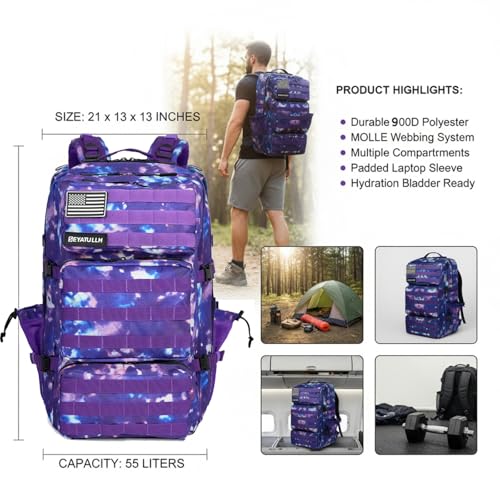 Military Tactical Backpack 55L for Men & Women Bug Out Bag Assault pack Molle Daypack Hiking Trekking Rucksack (Purple tie dye) - color: Purple Tie Dye