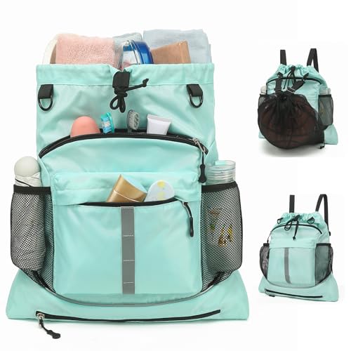 Drawstring Backpack, Waterproof Sandproof Beach Backpack for Sport Gear Small Gym Bag with Hidden Ball Net Pocket and Seperated Wet Pocket Draw String Back Bag for Women Men, Green - color: Green