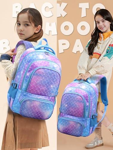 BLUEFAIRY Kids Backpacks for Girls 17 Inch Elementary Primary Middle School Bookbags with Laptop Compartment Back to School Bags for Childs Age 6-8 Mochilas Escolares para Niños Niñas Mermaid - color: Sky Blue