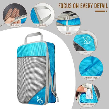 9-Set Packing Cubes with Hanging Bag | 9-Size Combination, Mesh Fabric & Reflective Stripe | Travel Luggage Organizers (sky blue) - color: sky blue