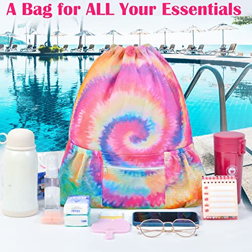 Mesh Drawstring Bag with Zipper Pocket, Beach Bag for Swimming Gear Backpack Gym Storage Bag for Adult Kids (Tie Dye) - color: Tie Dye