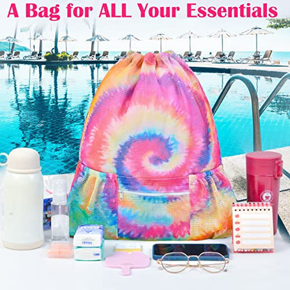 Mesh Drawstring Bag with Zipper Pocket, Beach Bag for Swimming Gear Backpack Gym Storage Bag for Adult Kids (Tie Dye) - color: Tie Dye
