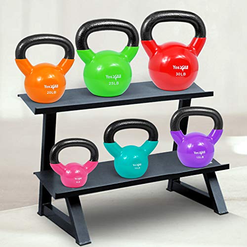 Yes4All Kettlebell, Vinyl Coated Kettlebell Cast Iron Sets with Stable Flat Bottom for Full Body Workout, Push up, Grip Strength Training & Weights Exercises - color: Multicolor, style: 15 - 20lb