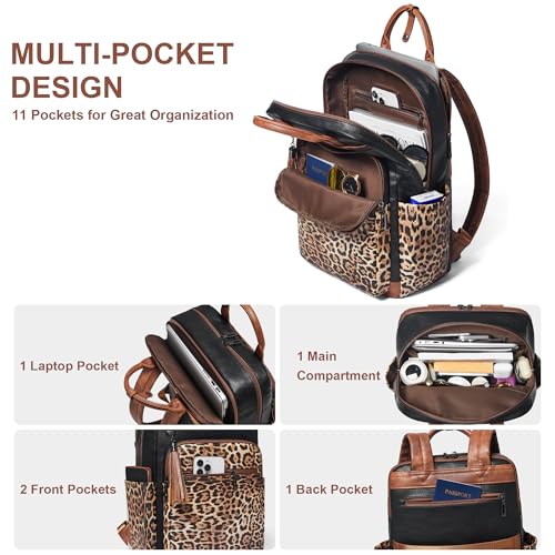 Shrrie Laptop Backpack for Women 15.6 inch Travel Leather Backpack Purse Work Computer Backpacks for Business College Black With Leopard - color: Black With Leopard