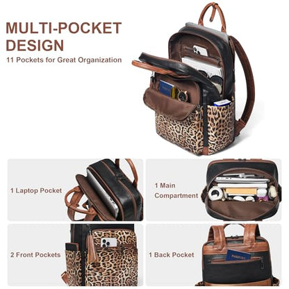 Shrrie Laptop Backpack for Women 15.6 inch Travel Leather Backpack Purse Work Computer Backpacks for Business College Black With Leopard - color: Black With Leopard