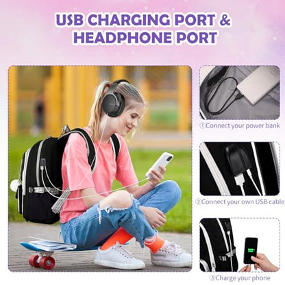 ACESAK Backpacks for Girls, Girls Backpack with Lunch Box and Pencil Case for Teen Kids Elementary Middle High School College Student, Children School Backpack Bookbag with USB Charging Port (Black) - color: Solid Black (With Chain)