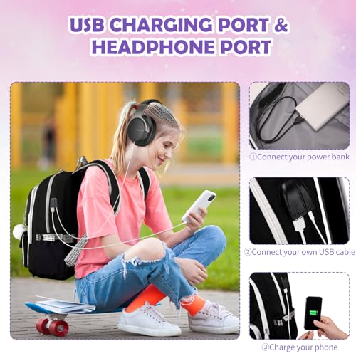 ACESAK Backpacks for Girls, Girls Backpack with Lunch Box and Pencil Case for Teen Kids Elementary Middle High School College Student, Children School Backpack Bookbag with USB Charging Port (Black) - color: Solid Black (With Chain)