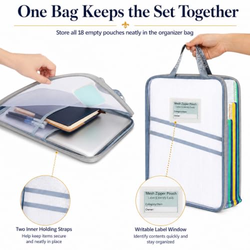 19-Piece Mesh Zipper Pouch Bags with Organizer Case, 5 Sizes - style: 19pcs