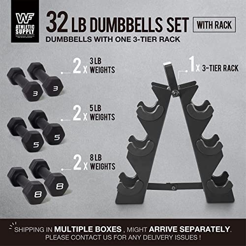 WF Athletic Supply Black Neoprene Dumbbell Set, Non-Slip & Hex Shape, Great for Muscle Toning, Strength Building & Weight Loss; Sizes, Dumbbells Only & w/Rack Options Available - color: j. 32 LB Dumbbells with Rack