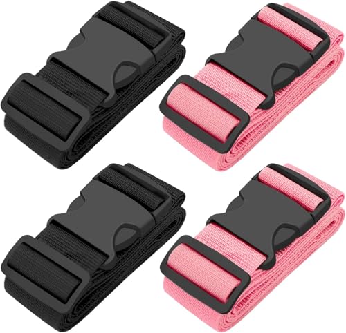 BILIONE 4 Pack Luggage Straps 79" Long Belts Keep Suitcase Secure While Traveling, TSA Approved Add a Bag Premium Accessory for Travel Bag Closure (2PCS Black + 2PCS Pink) - color: Black+Pink, size: 4Pcs