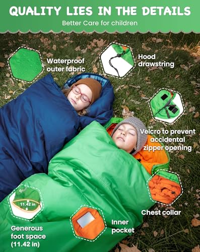KingCamp 45°F Kids Sleeping Bag, Lightweight Waterproof & Compact Flannel Sleeping Bags Cold Weather & Warm Youth Essentials Gear Accessories for Camping, Fits 10-12 Children up to 4'7"-5'5" Tall - color: Mummy 8.6°F ~42.8°F Green