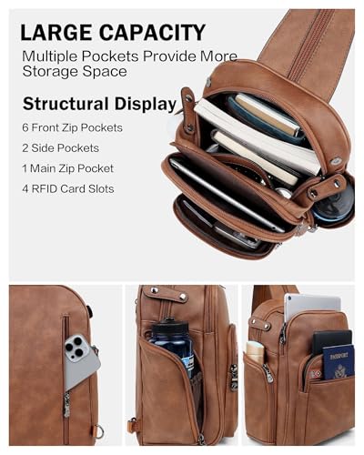 FADEON Large Sling Bag for Women, Designer Leather Crossbody Purse Convertible Sling Backpack, Anti Theft Daypack for Travel - color: 1 Brown Retro Style