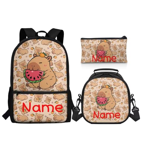 3 PCS Capybara Backpacks for Kids Custom Name School Backpack Bookbag with Reusable Lunch Box Pencil Case Pouch Set Add Your Kids Name Personalized Schoolbag - color: Capybara+name