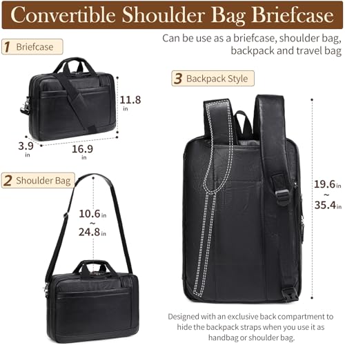 Stuery Faux Leather Messenger Bag for Men 17-17.3 Inch: Convertible 3 in 1 Backpack Laptop Briefcase Computer Handbags Shoulder CrossbodyBag with Padded for Work College Travel, PU Black - color: Dark