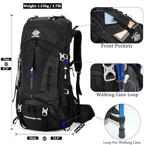 YFREAL 60L Travel Hiking Camping Backpack with Rain Cover,Backpack Water Resistant,Climbing Backpack for Men Women (BLACK) - color: Black