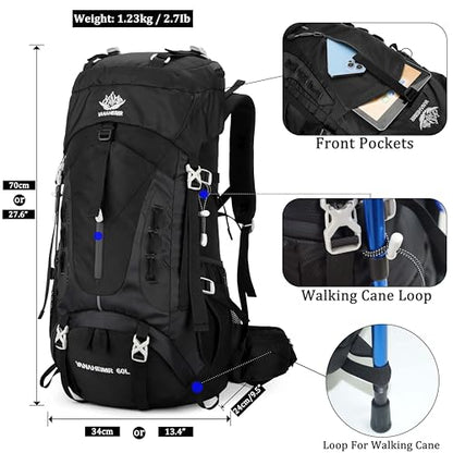YFREAL 60L Travel Hiking Camping Backpack with Rain Cover,Backpack Water Resistant,Climbing Backpack for Men Women (BLACK) - color: Black