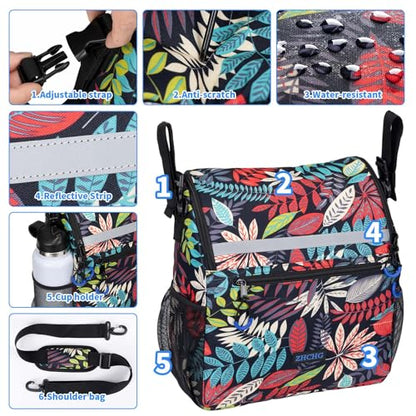 ZHCHG Wheelchair Bags, Wheelchair Backpack with Cup Holder, Wheelchair Bags to Hang on Back, Electric Wheel Chair Accessories, Large Storage Bag for Walker Rollator - style: Blue Red-leaves
