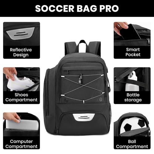 Soccer Backpack with Ball Holder,Youth soccer Bag for Basketball,Volleyball-Includes Separate Shoe Compartment&and Insulation (Black) - color: Black