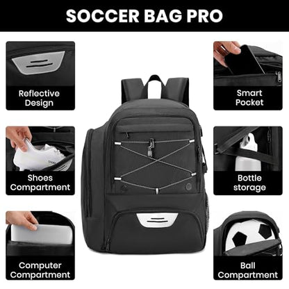 Soccer Backpack with Ball Holder,Youth soccer Bag for Basketball,Volleyball-Includes Separate Shoe Compartment&and Insulation (Black) - color: Black